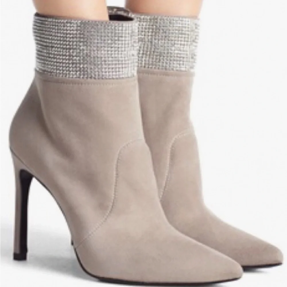 Stuart Weitzman  Highbeams Light Gray Suede crystal Ankle boots booties
